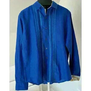 Vintage American Blues Embroidered Men’s Shirt XL Linen Mexico Long sleeve Blue